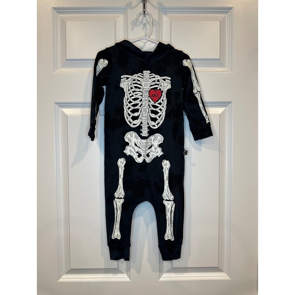 RAGS Skeleton‎ Heart Black Hoodie Romper Jumpsuit Costume Size 18-24 Months